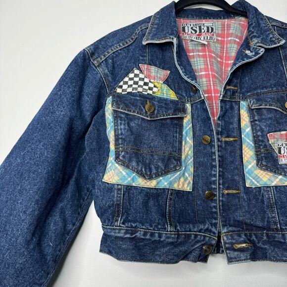 Vintage Get Used Denim Crop Jean Jacket Flannel Lined Patches Size Medium - Picture 3 of 8